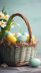 Wall Mural - Wicker basket filled with speckled Easter eggs and fresh daffodils. Easter greeting card, phone wallpaper