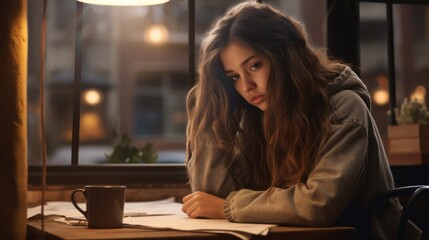 Wall Mural - A young woman sits at a table with a cup of coffee. She looks into the distance with a thoughtful expression on her face. The room is dimly lit, with a window visible in the background.