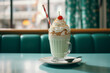 Creamy milkshake in a diner, topped with whipped cream and a cherry, served on a teal table. Concept for dessert menu or 50s style diner advertisement.