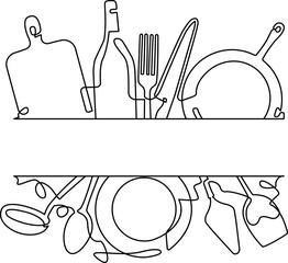 Wall Mural - Vector Frame with utensils in linear drawing style. Illustration on culinary theme. Cooking background.