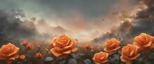 A Painting Of Orange Roses In A Field With Smoke Coming Out