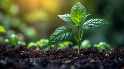 Wall Mural - Close up green seedling growing on fertile soil with blurred nature background. Generative AI