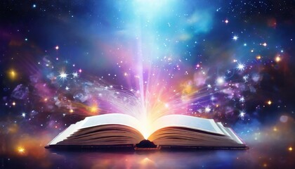 Wall Mural - an open book with a magical fantasy night view with a book the magical power of reading and words knowledge abstract background with a book