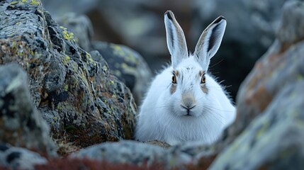 Wall Mural - Arctic hare (Lepus arcticus) feeding among rocks faces camera