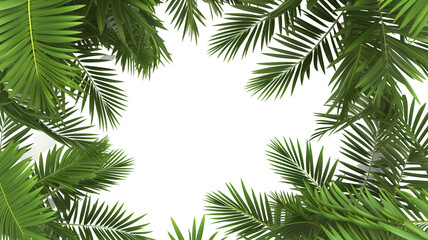  Tropical frame with green palm leaves. Tropical plant branches isolated on a transparent background.