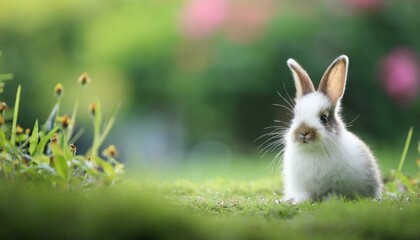 Wall Mural - cute little rabbit on green grass with natural bokeh as background during spring young adorable bunny playing in garden lovrely pet at park