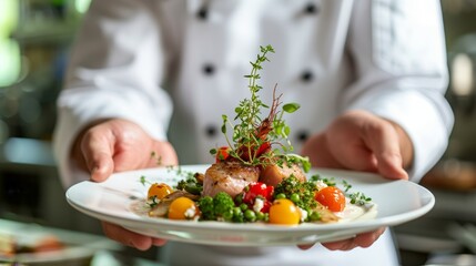 Chef meticulously plating a sophisticated dish in a professional kitchen.