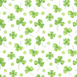 Shamrock leaves seamless pattern, symbol of luck in Ireland and its spring national holiday, St Patrick's day, seasonal hand drawn watercolor illustration, vintage and romantic style repeat ornament