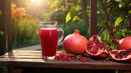 Wall Mural - Pomegranate juice and ripe fruits on wooden table in garden. Healthy drink