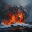 Majestic volcanic eruption at sea with fiery lava explosion. evoking awe and natural power. ideal for dramatic visuals. AI