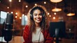 © sergiokat - Cheerful young woman recording podcast in studio with copy space. Confident latin woman with headphones and microphone recording a podcast at home. Happy mexican girl talking on web radio.