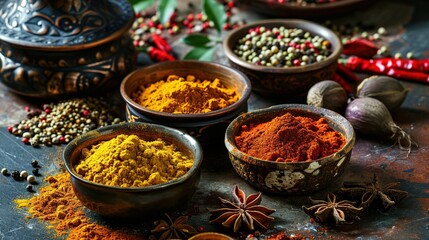 Colorful collection spices and herbs on background black table. Mediterranean condiments for decorating packing with food