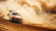 A rally car drifting on a dirt track kicking up clouds of dust capturing the spirit of motorsport and the thrill of driving.