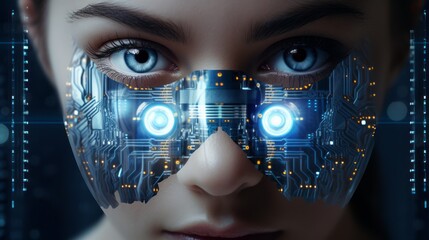 Wall Mural - modern woman embracing futuristic cyber technology: visionary eye panel concept