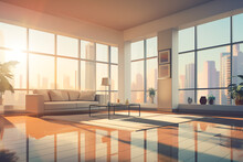 Illustration Of Modern Interior. Living Room Or Hall With Large Windows And A Lot Of Light. Big City. Summer Or Tropical Climate. Trendy Concept Design Art.  Digital Painting. Generative Ai Content.