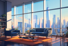 Illustration Of Modern Interior. Living Room Or Hall With Large Windows And A Lot Of Light. Big City. Summer Or Tropical Climate. Trendy Concept Design Art.  Digital Painting. Generative Ai Content.