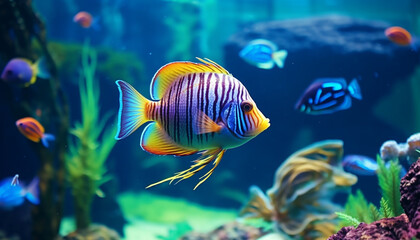 Wall Mural - Colorful tropical fish in the aquarium background