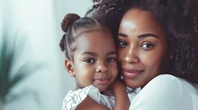 Beautiful African Woman Holding On Hands Her Little Daughter On White Background. Family, Love, Lifestyle, Motherhood And Tender Moments Concepts. Mother's Day Concept. - Generative AI