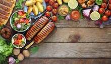 Summer Bbq Or Picnic Food Corner Border Over A Rustic Wood Banner Background Assorted Grilled Meats Vegetables Fruits Salad And Potatoes Overhead View With Copy Space