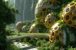 Eco-Futuristic Hive City' portrayal of a bio-engineered park, where a city mimics the structure and sustainability of a beehive, in parkland green and eco-tech chrom