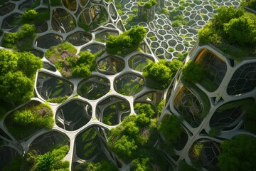 Eco-Futuristic Hive City' portrayal of a bio-engineered park, where a city mimics the structure and sustainability of a beehive, in parkland green and eco-tech chrom