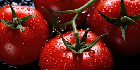 Wall Mural - Sweet red tomatoes close-up, top view. Photo for the poster. Generative AI