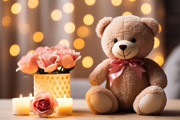 Wall Mural - closeup gentle teddy bear with pink roses and candles on blurred bokeh background