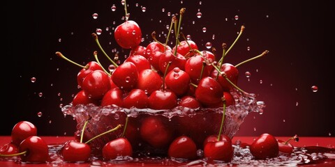 Wall Mural - A lot of ripe sweet cherries in a plate on a dark background. Generative AI