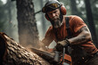 Man with chainsaw cutting wood, lumberjack in the forest, Close-up of woodcutter sawing chain saw in motion, sawdust fly to sides. Concept is to bring down trees with the chainsaw.