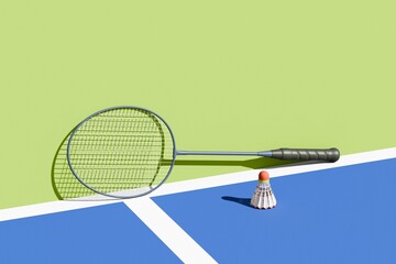 Wall Mural - Conceptual idea with badminton sport equipments, racket and shuttlecock on court leaning against the wall. 3d illustration, render.