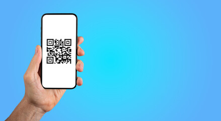 Wall Mural - qr code scanner, mobile phone screen in hand for digital transaction, qrcode, banner background