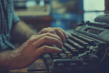 A Close-up Image Capturing An Old Man Typing On An Old Typewriter, Focusing On His Hands As They Press The Keys.
