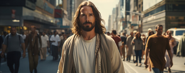 Wall Mural - Jesus Christ walking in the city street - front view