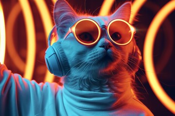 Wall Mural - Cool cat wearing headphones. Background with selective focus and copy space