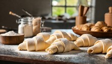 Raw Crescent Rolls On Table In Bakery