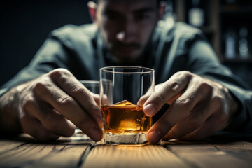 Poster - An alcoholic sits at a table with a glass of alcohol, the concept of alcoholism and problems. Background