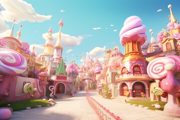 Wall Mural - 3d pink city candy sweet lollipop streets