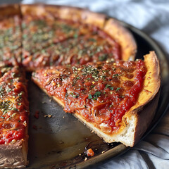 Wall Mural - deep dish pizza on a wooden board