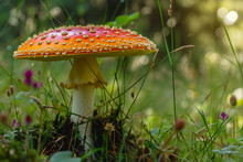 Fly Agaric In The Forest. Backdrop With Selective Focus And Copy Space