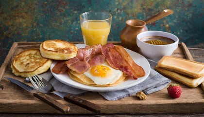 Wall Mural - breakfast with bacon eggs pancakes and toast