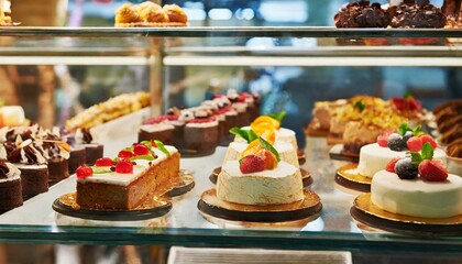 Wall Mural - different types of delicious cakes in pastry shop showcase