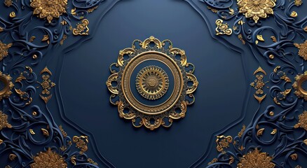 Wall Mural - Decorative 3D wallpaper for the ceiling adorned with a blue and golden mandala design within a decorative frame backdrop.