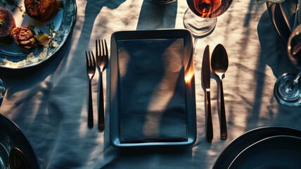 An elegantly set table with a black plate and a black napkin