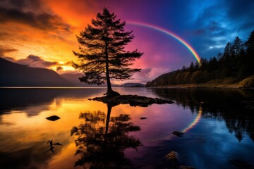 Rainbow during sunset at the lake, tree, wallpaper background