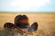 cowboy hat on field, tall summer grass on the ranch, prairie