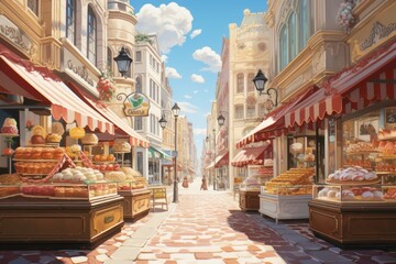 Wall Mural - European city street with pastry and sweets