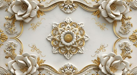 Wall Mural - Ceiling 3D wallpaper adorned with a white and golden mandala decoration model set against a decorative frame backdrop.
