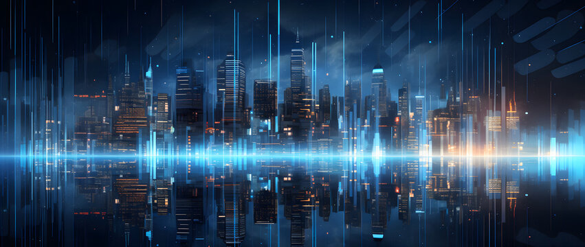 illustration of a modern futuristic smart city concept with abstract bright lights against a blue ba