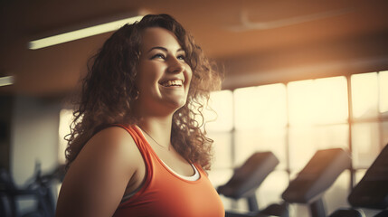 Wall Mural - A radiant woman basks in the vibrant energy of a gym, her beaming smile mirroring the bright hues of her workout attire as she leans against the wall, one hand on her hip and the other resting gently