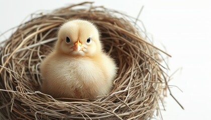 Wall Mural - Easter eggs in nest with yellow cute chick on white background   top view mock up